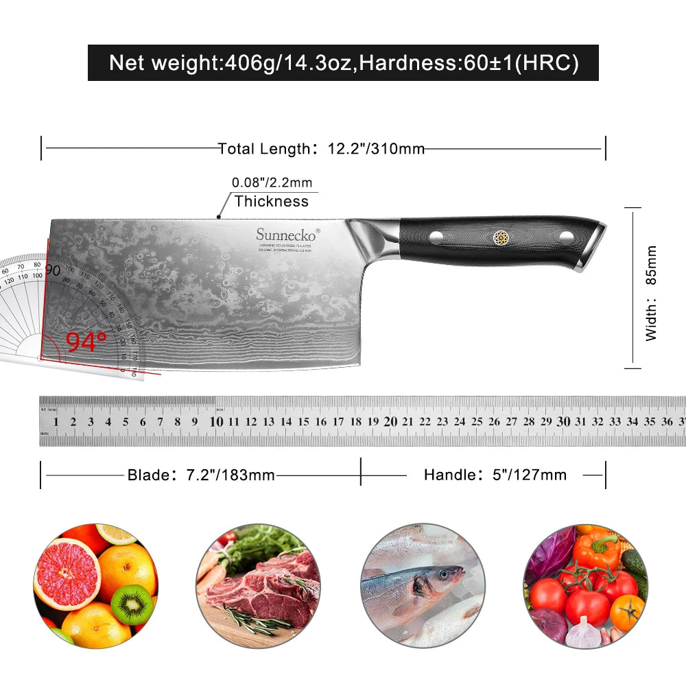 Sunnecko Damascus Cleaver Knife For Slicing Meat Kitchen