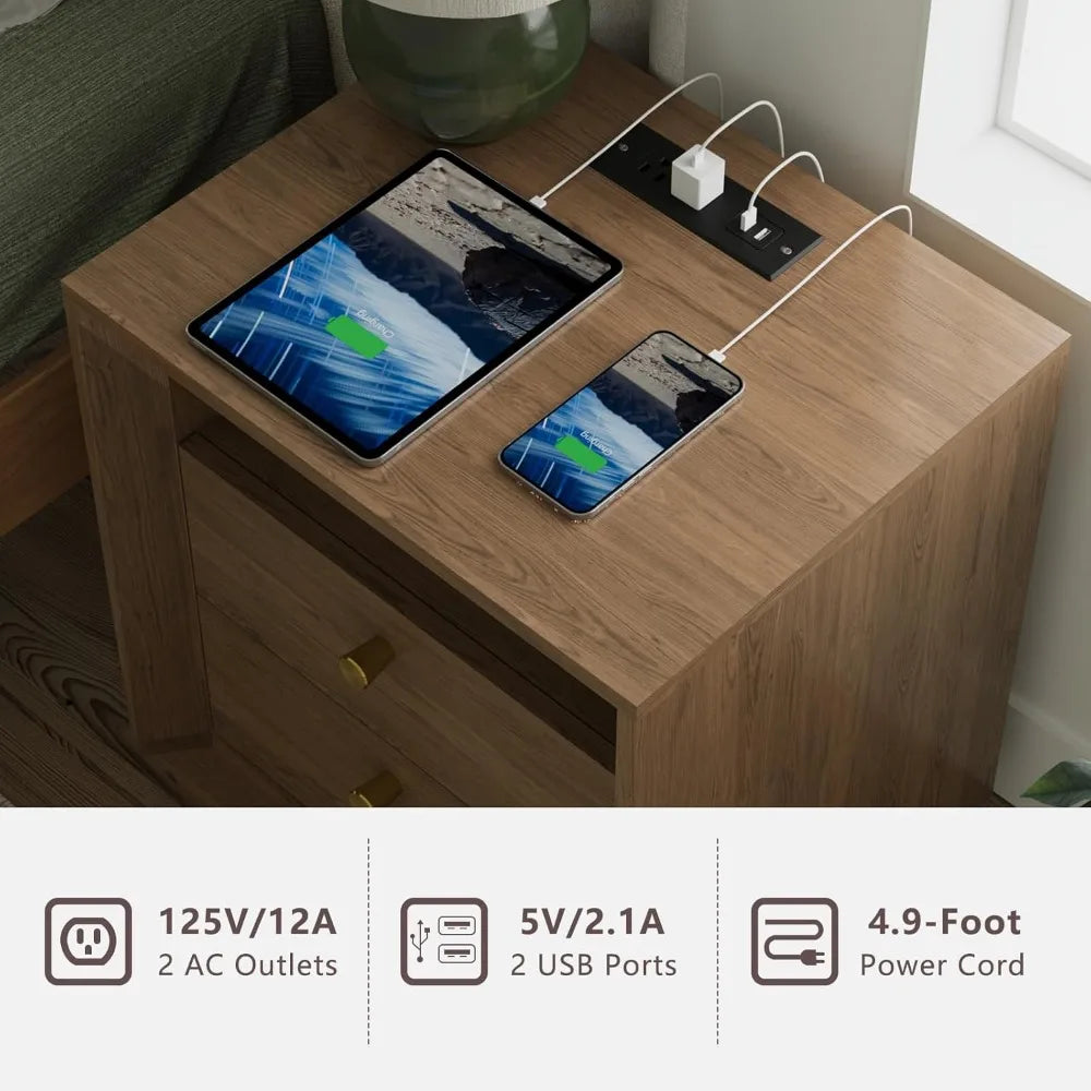 XIAOLANG Nightstand With Charging Station Modern Wood Grain End Table