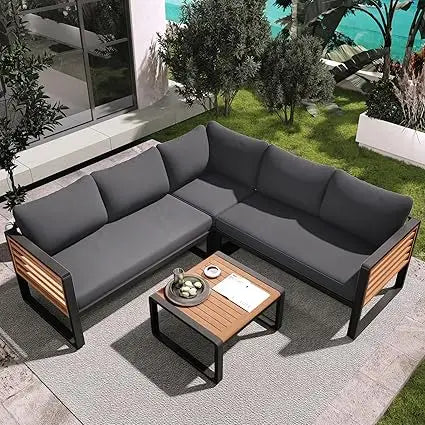 Ticify Modern L Shaped Acacia Wood Sofa Set Coffee Table