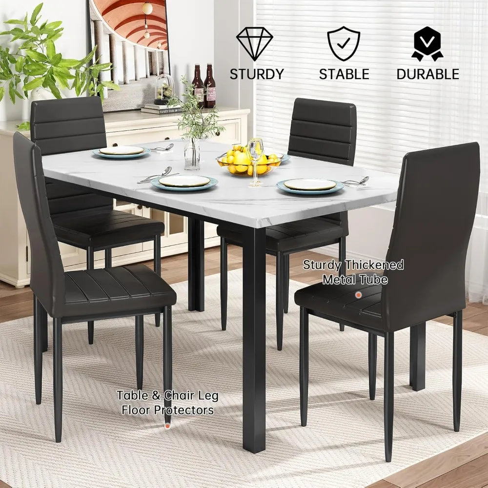MKDK Five Piece Dining Table Set Faux Marble Upholstered Chairs
