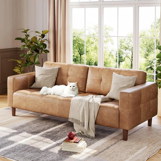 HUANHUICN Three Seater Faux Leather Sofa With Deep Cushions