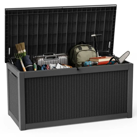 320 Gallon Deck Box, Outdoor Large Waterproof Resin Storage Box with Lockable Lid for Patio Cushions, Gardening Tools Black320