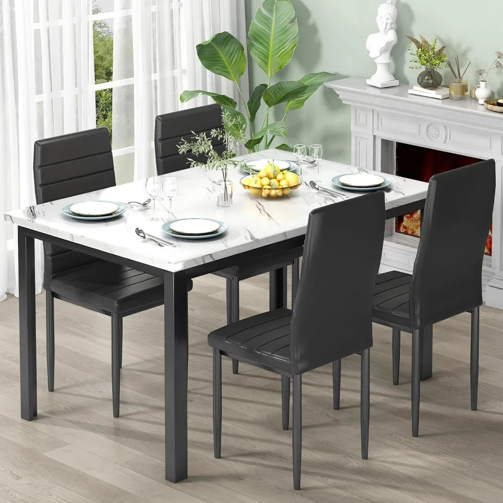 MKDK Five Piece Dining Table Set Faux Marble Upholstered Chairs