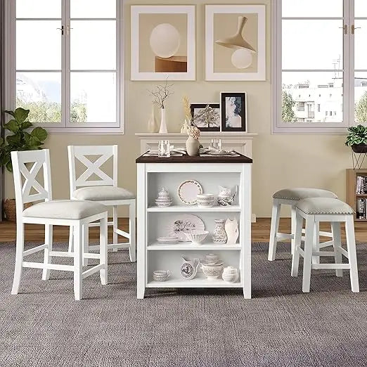 MKDK Farmhouse Counter Height Dining Set With Storage Shelves