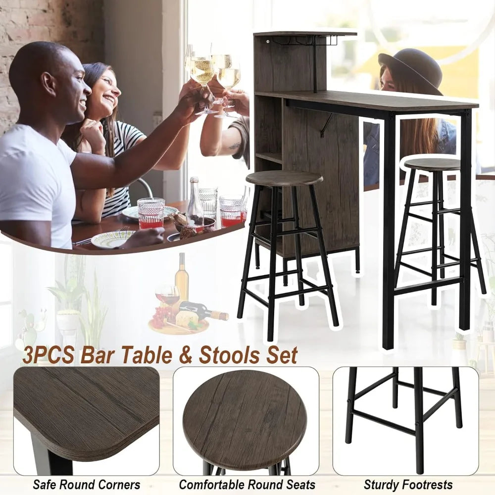 DAFIFY Industrial Pub Table and Stools Set WithExtraLongWineRacksAndGlassHolders