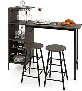 DAFIFY Industrial Pub Table and Stools Set WithExtraLongWineRacksAndGlassHolders