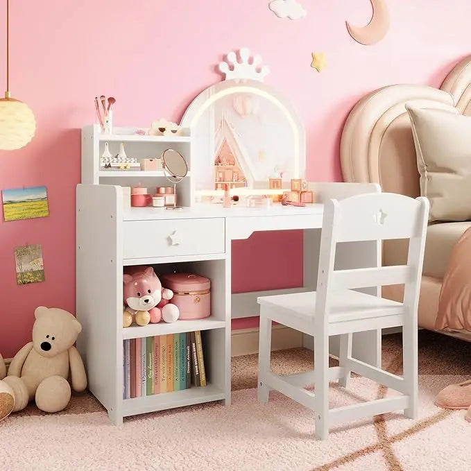 HiMISS Kids Vanity With Lights 2 In 1 Princess Desk