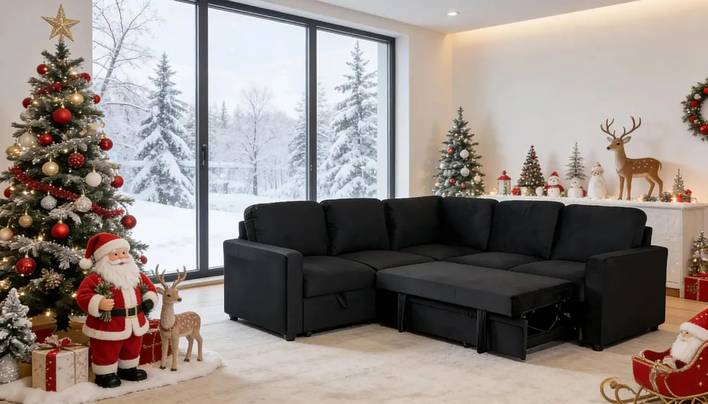 L-Shaped Sectional Sleeper Sofa with Pull-Out Bed & Storage Chaise, 5-Seat Convertible Couch for Apartment Living Room in Black