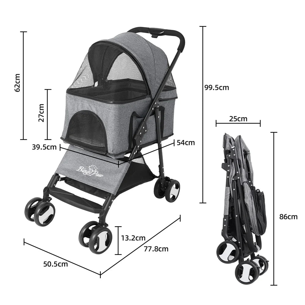 Foldable Pet Stroller Travel Carrier For Dogs Cats Rain Cover