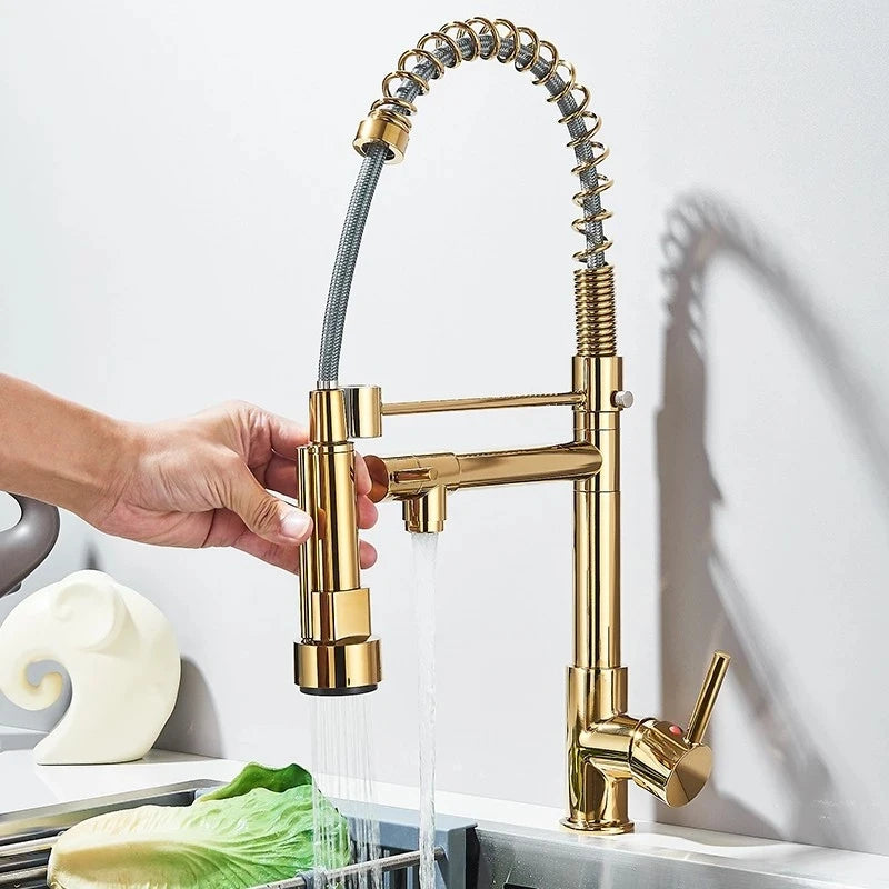 SHBSHAIMY Gold Pull Down Kitchen Faucet With Dual Swivel Spout Hot Cold Water