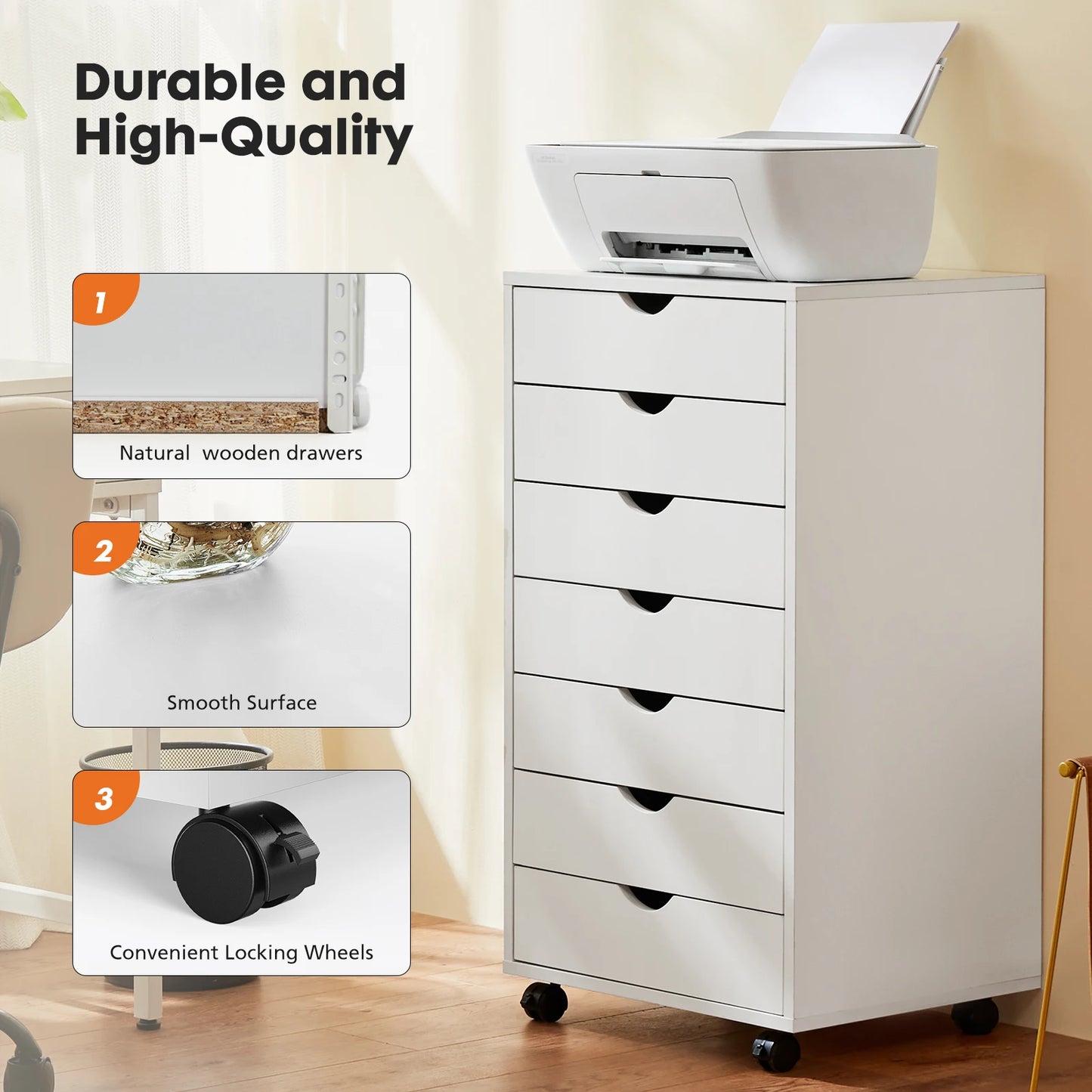 JHK 7 Drawer Chest Dresser With Rolling Storage Cabinet