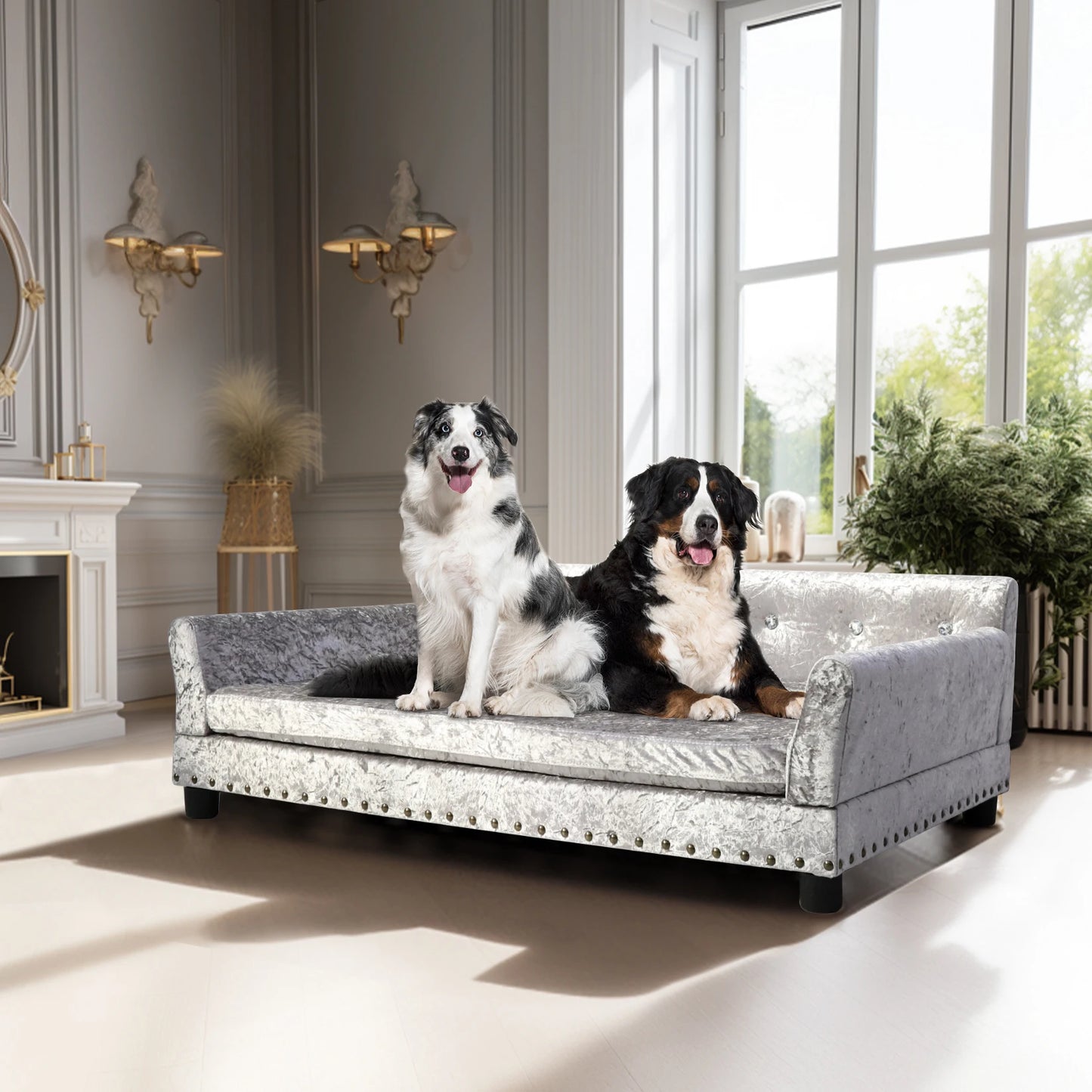 BORWARTCN Luxury Velvet Tufted Dog Sofa Bed Wooden Frame