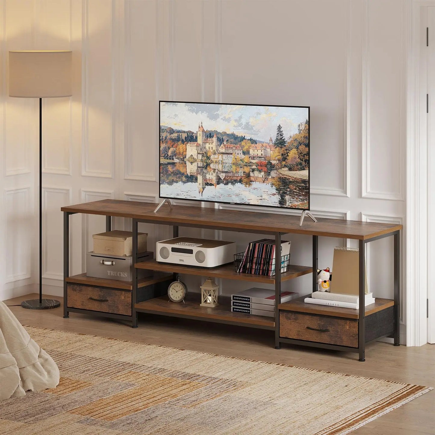 JHK Wood TV Stand Modern Entertainment Center With Adjustable Shelves