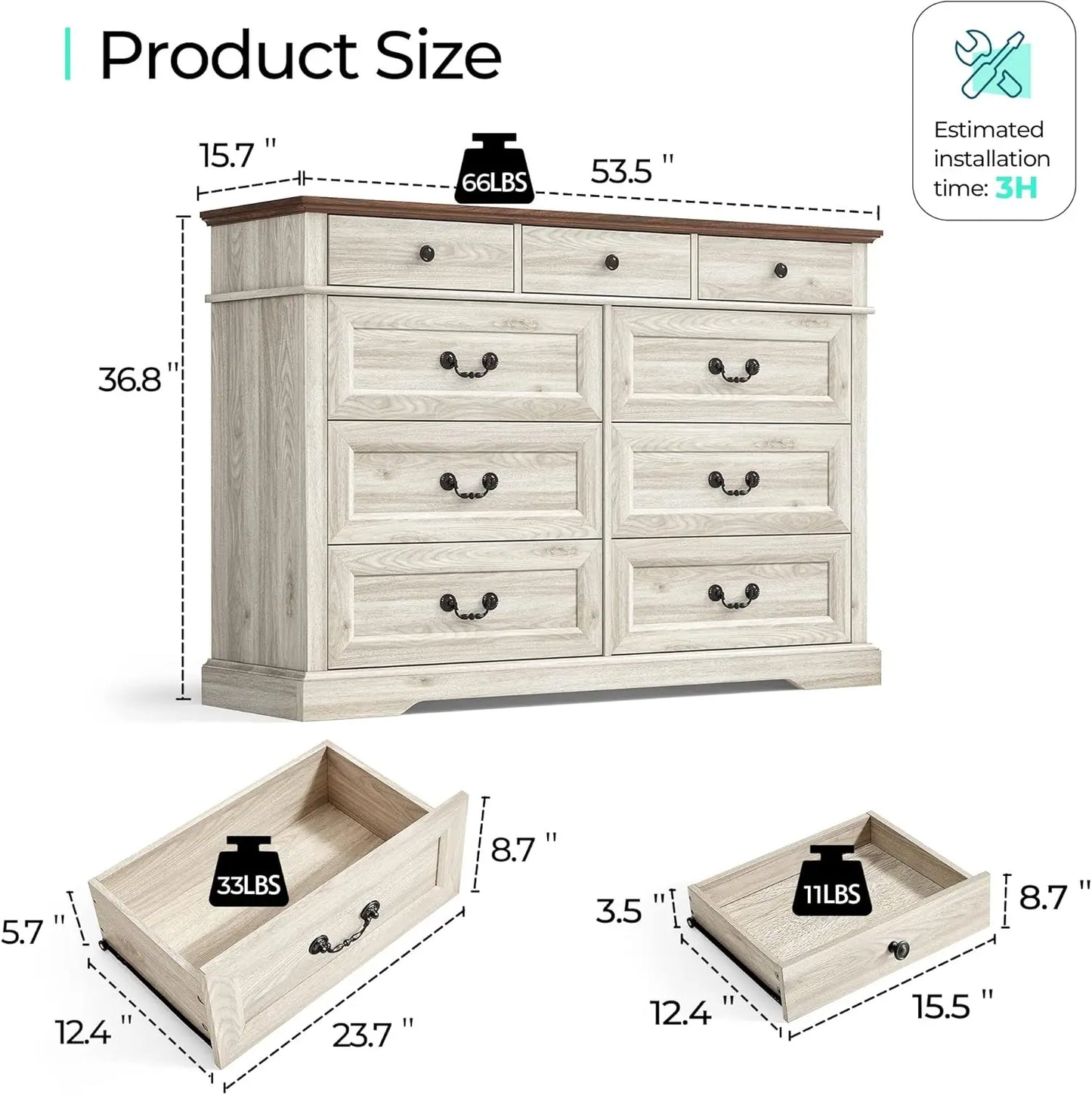 Farmhouse 9 Drawer Wood Dresser For Bedroom Storage Organizer