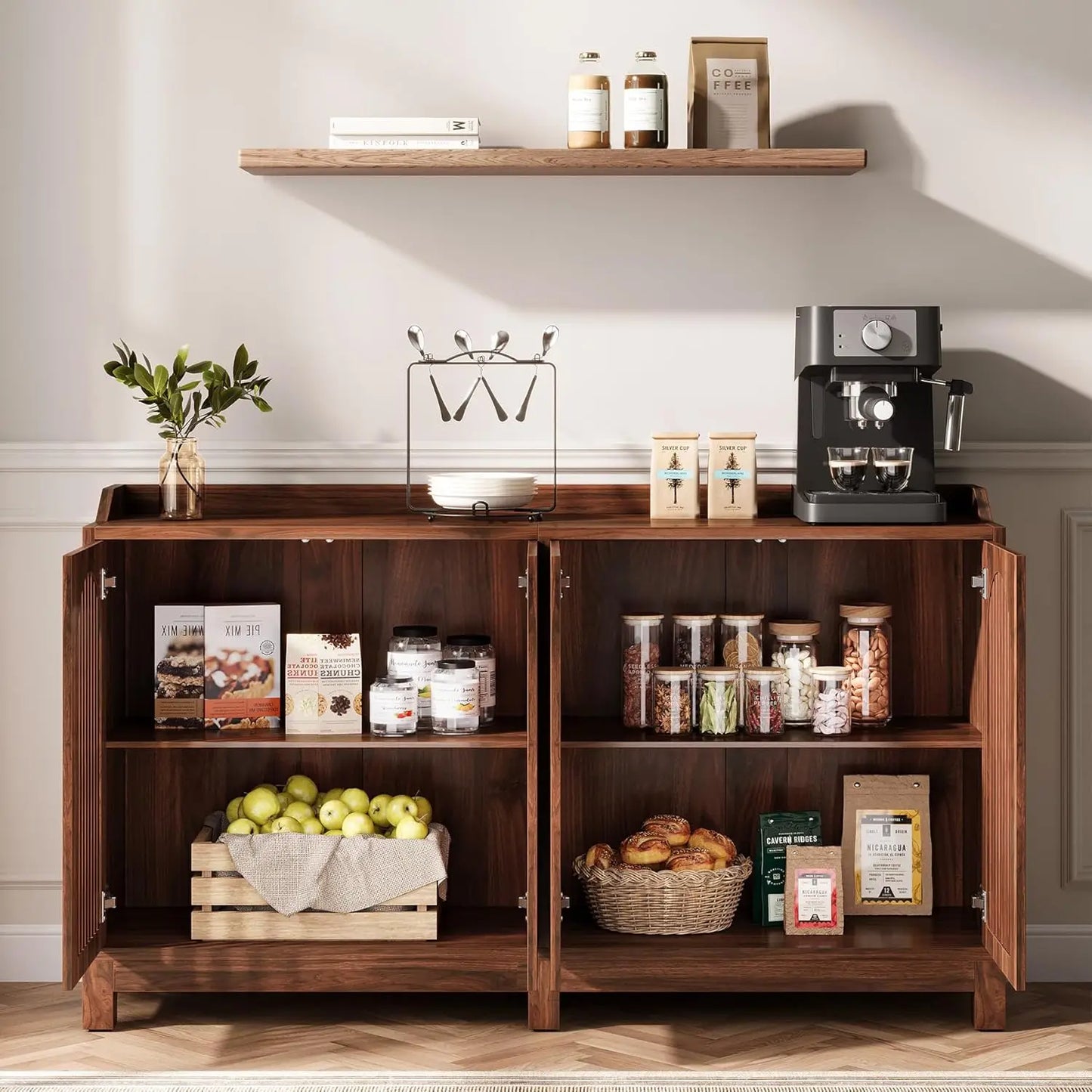 Little Tree Farmhouse Buffet Cabinet With Doors And Shelves