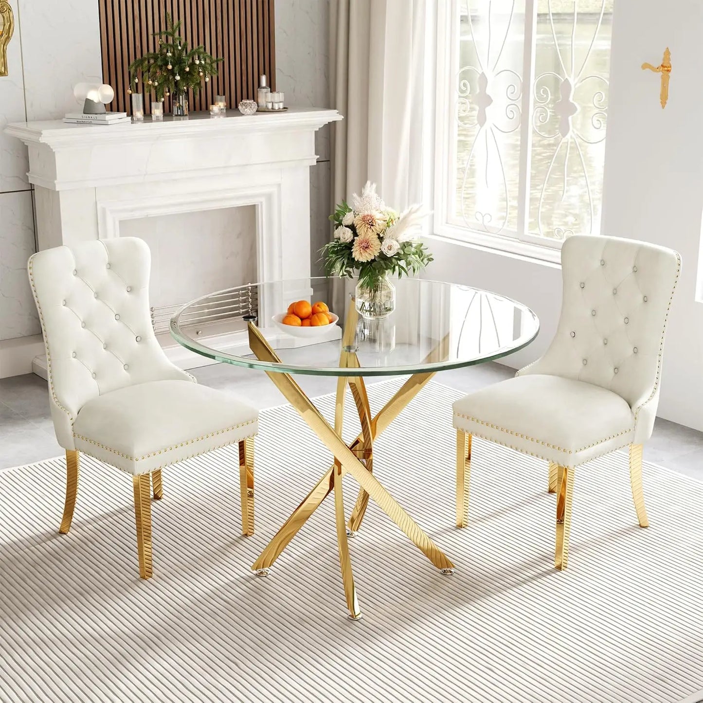 ANGDUO Modern Square Glass Dining Table Set With Velvet Chairs
