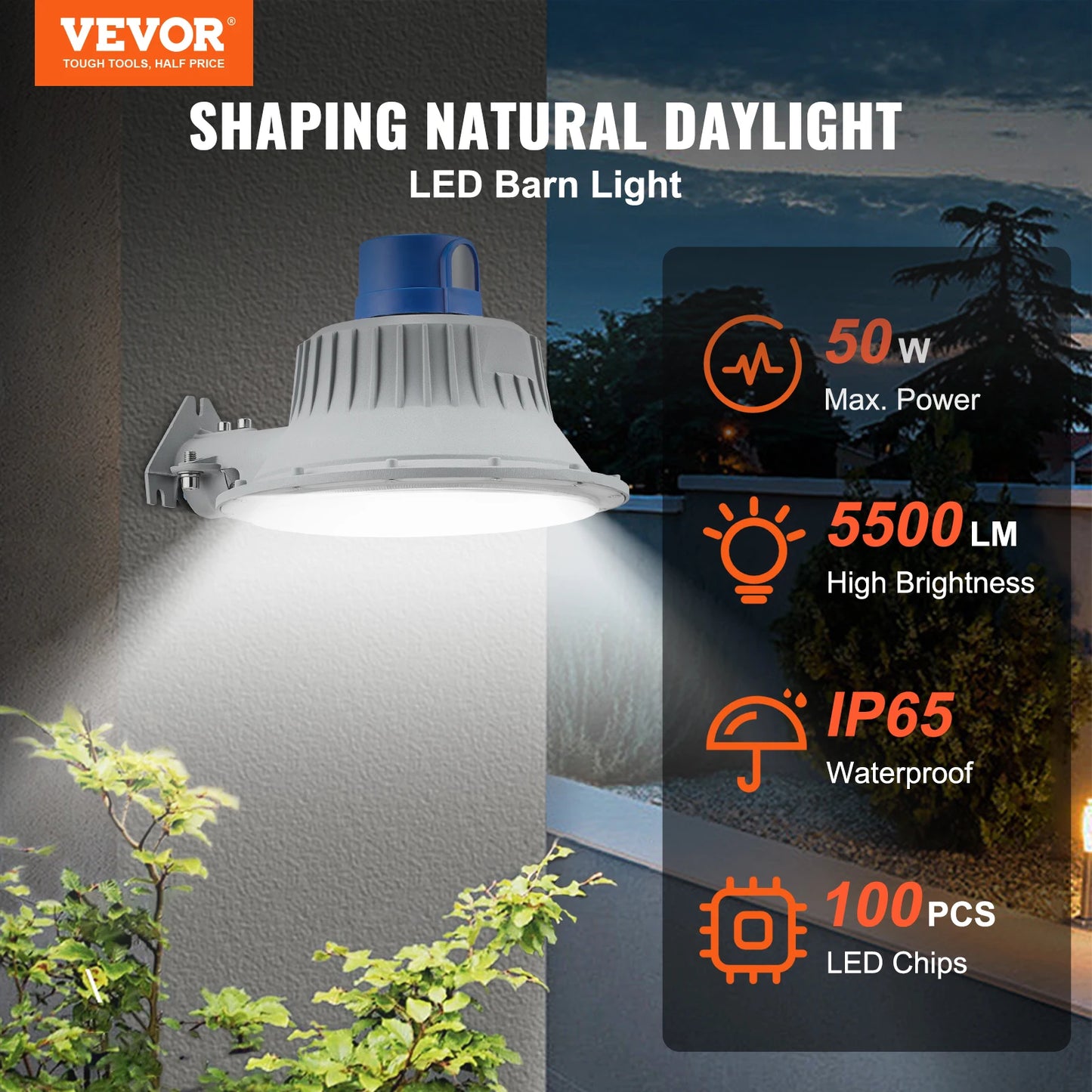 VEVOR LED Barn Light 50W 5500LM / 100W 11000LM Ultra Brightness 6000K Daylight Security Flood Lighting for Outside Yard, Street
