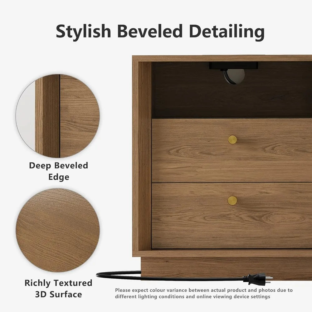 XIAOLANG Nightstand With Charging Station Modern Wood Grain End Table