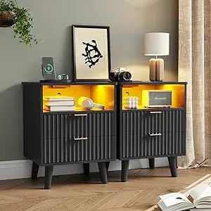 CHENGWEI Fluted Nightstand With Charging Station And Two Drawers