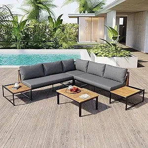 Ticify Modern L Shaped Acacia Wood Sofa Set Coffee Table