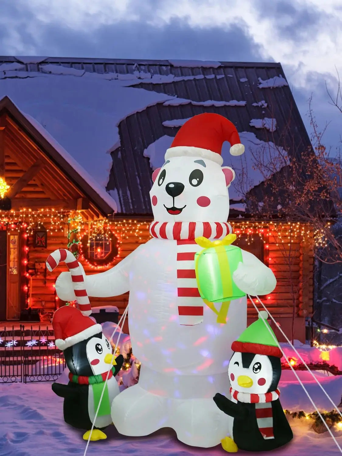 5.9FT Christmas Inflatable Outdoor Decoration Polar Bear Gift Box Penguin Blow Up Yard Decoration with LED Light Built-in Air