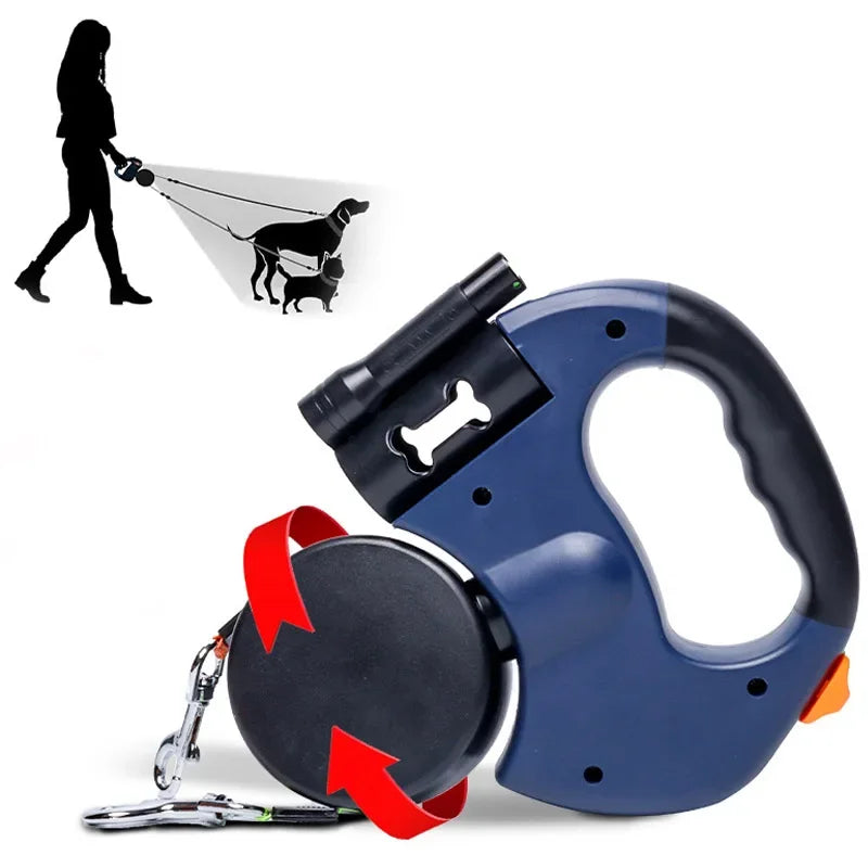CN Guangdong 3in1 AutomaticDoubleHeadRetractable Dog Leash With Flashlight PoopBagDispenser