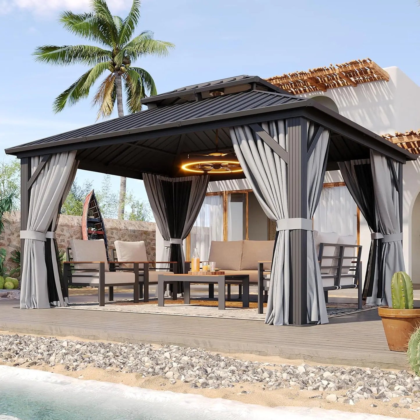 Gazebo With Double Galvanized Steel Roof And Breathable Net Curtain