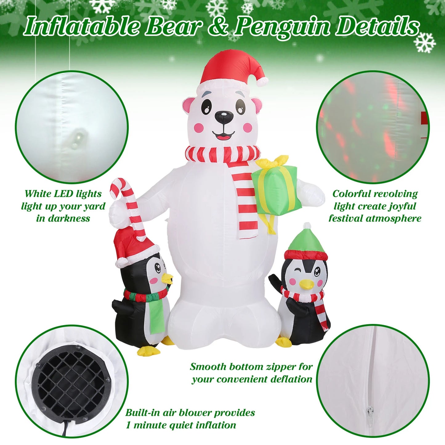 5.9FT Christmas Inflatable Outdoor Decoration Polar Bear Gift Box Penguin Blow Up Yard Decoration with LED Light Built-in Air