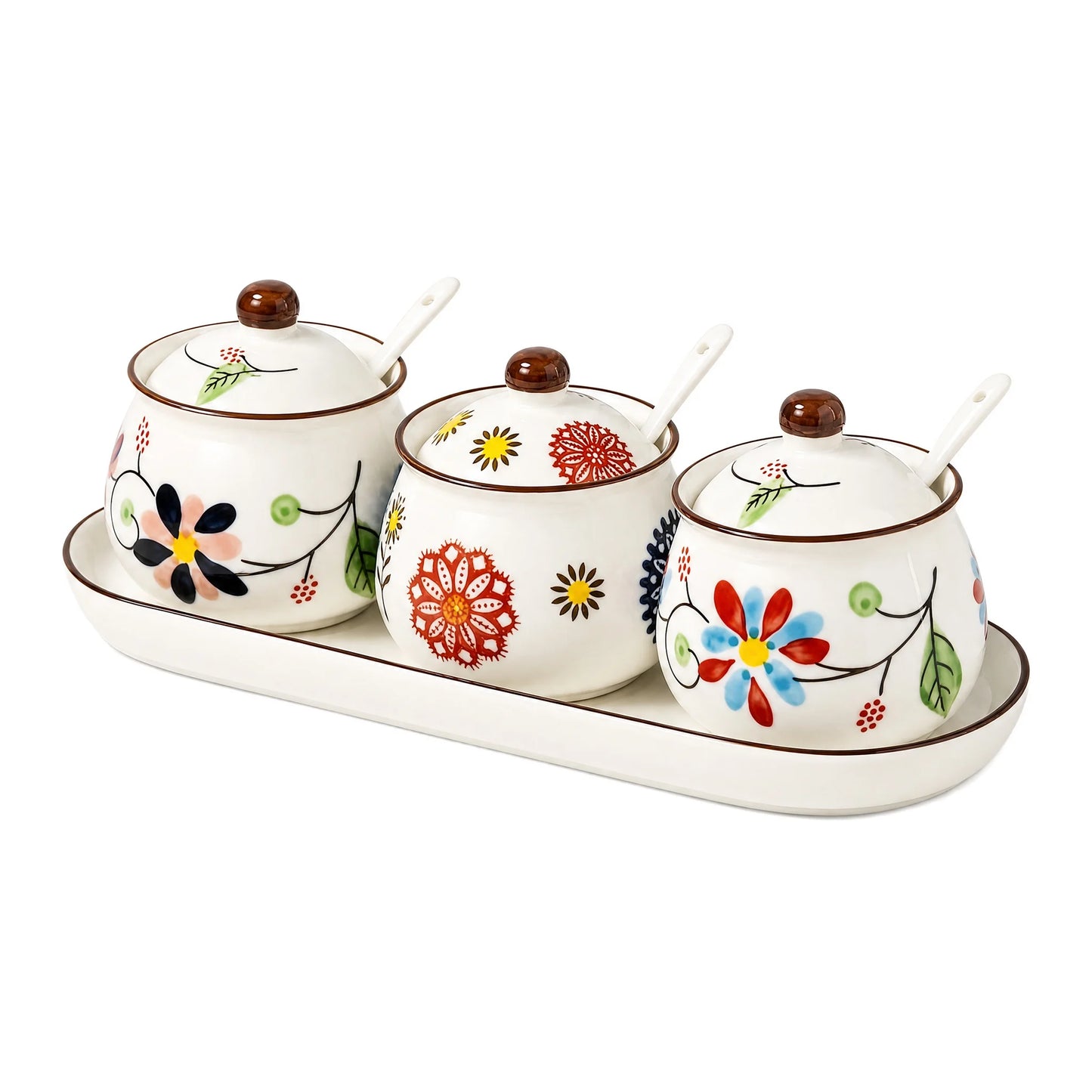 Hand Painted Japanese Vintage Ceramic Spice Jar Set With Tray And Spoons