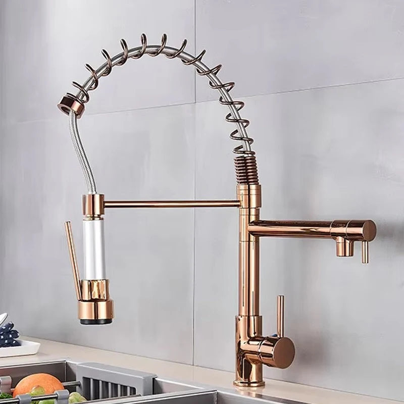 SHBSHAIMY Gold Pull Down Kitchen Faucet With Dual Swivel Spout Hot Cold Water