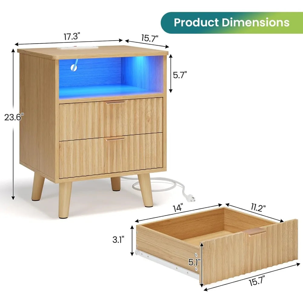 CHENGWEI Fluted Nightstand With Charging Station And Two Drawers