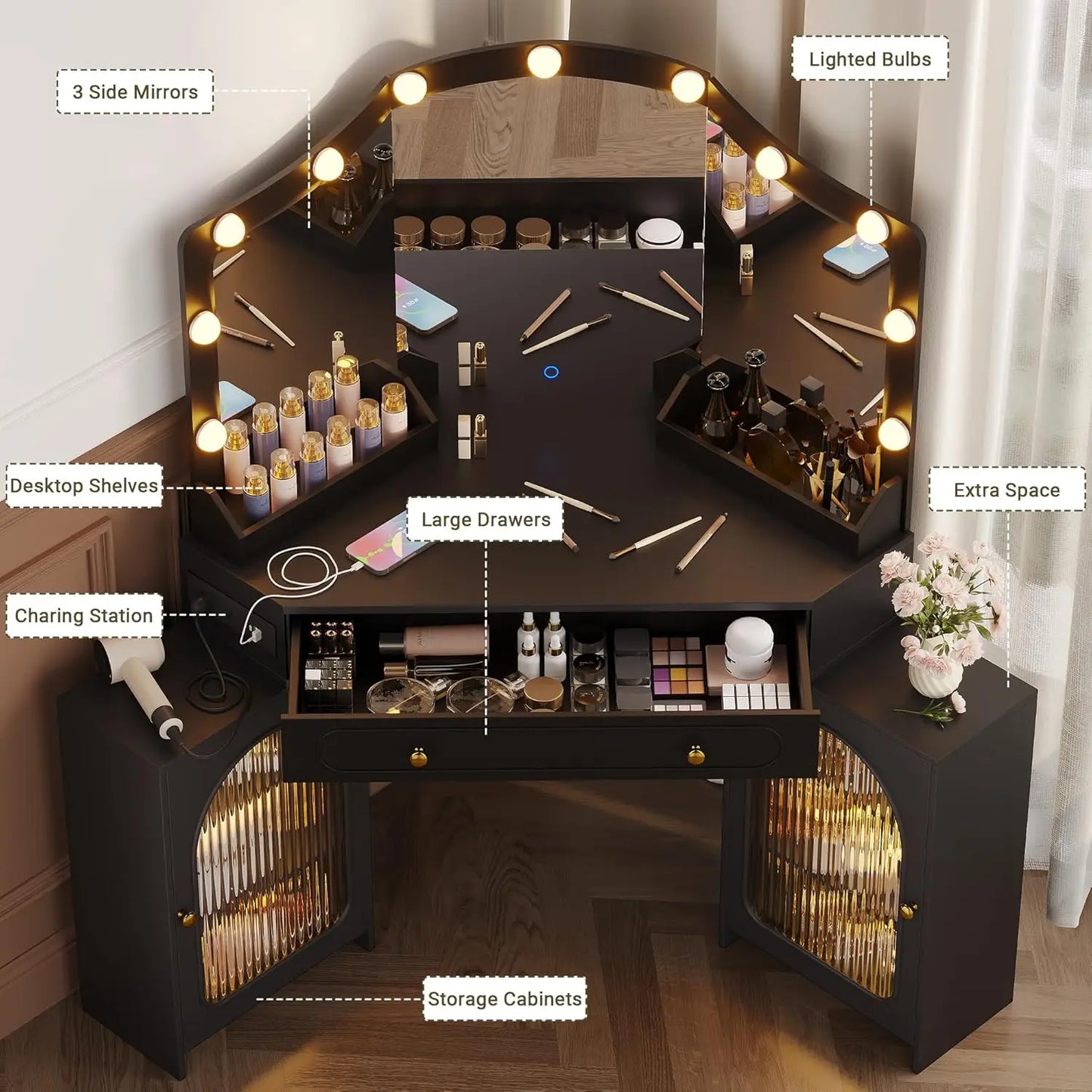 Chengwei Corner Vanity Desk 3 Way Mirror and Bulb Lights