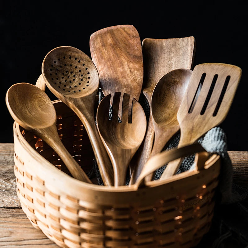 Teak Wood Kitchen Utensil Set With Holder 9 Piece Spoons