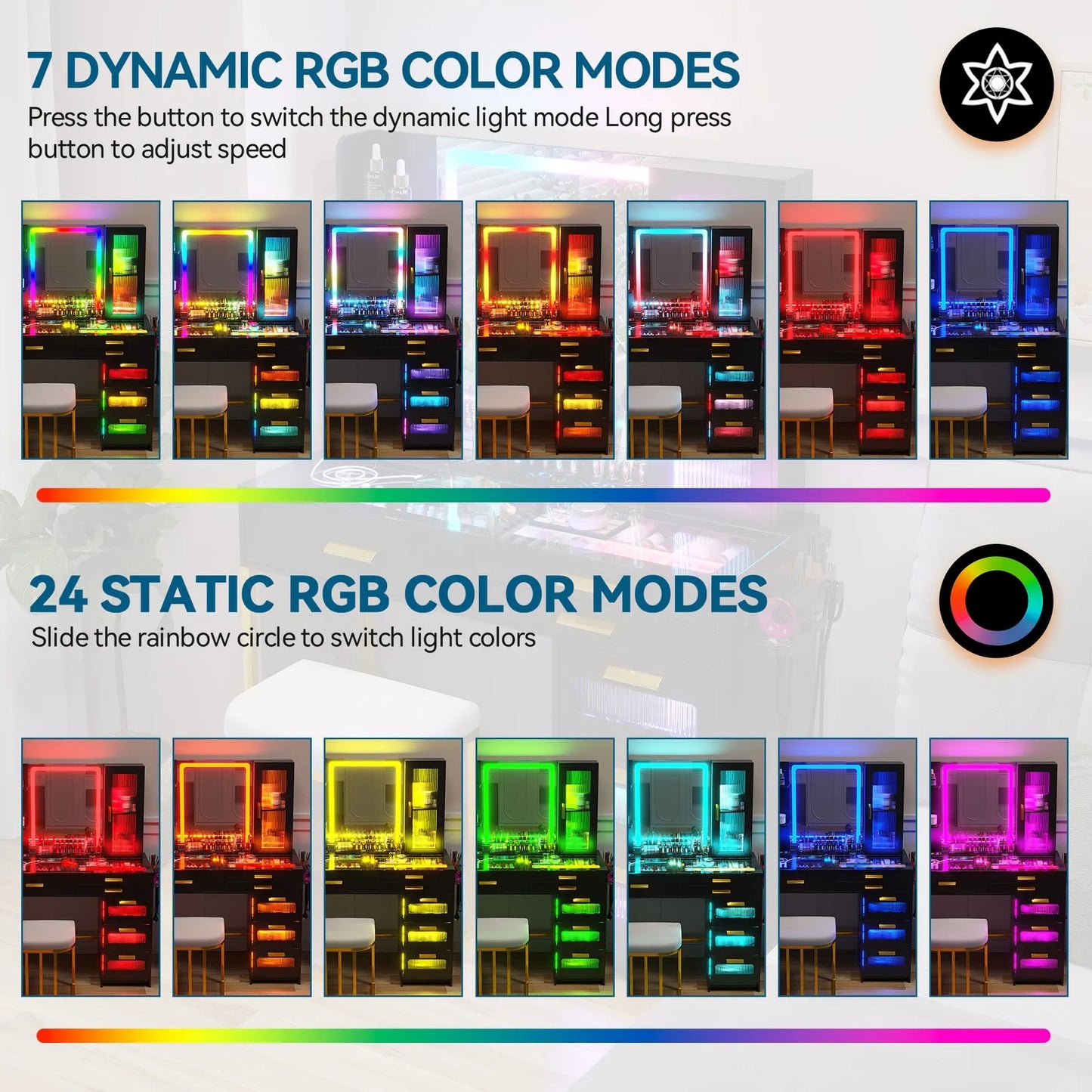 Vanity Desk With Mirror And LED Lights Charging Station