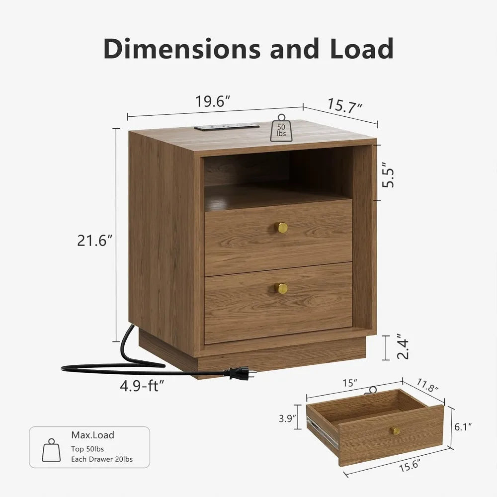 XIAOLANG Nightstand With Charging Station Modern Wood Grain End Table