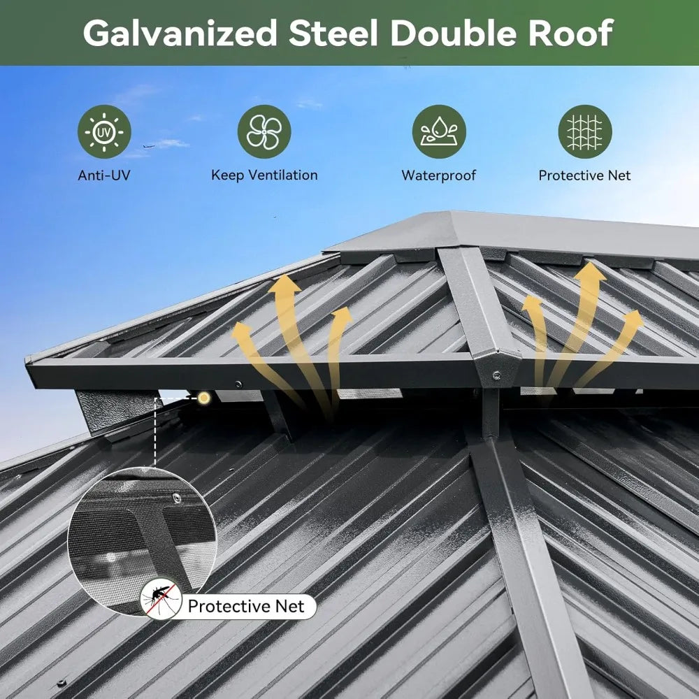 Gazebo With Double Galvanized Steel Roof And Breathable Net Curtain