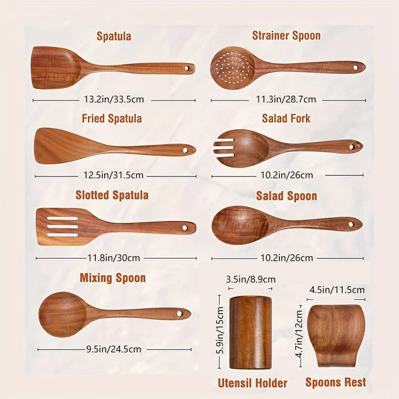 Teak Wood Kitchen Utensil Set With Holder 9 Piece Spoons