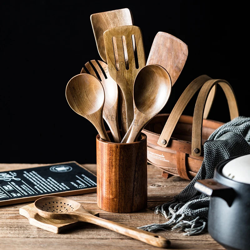 Teak Wood Kitchen Utensil Set With Holder 9 Piece Spoons