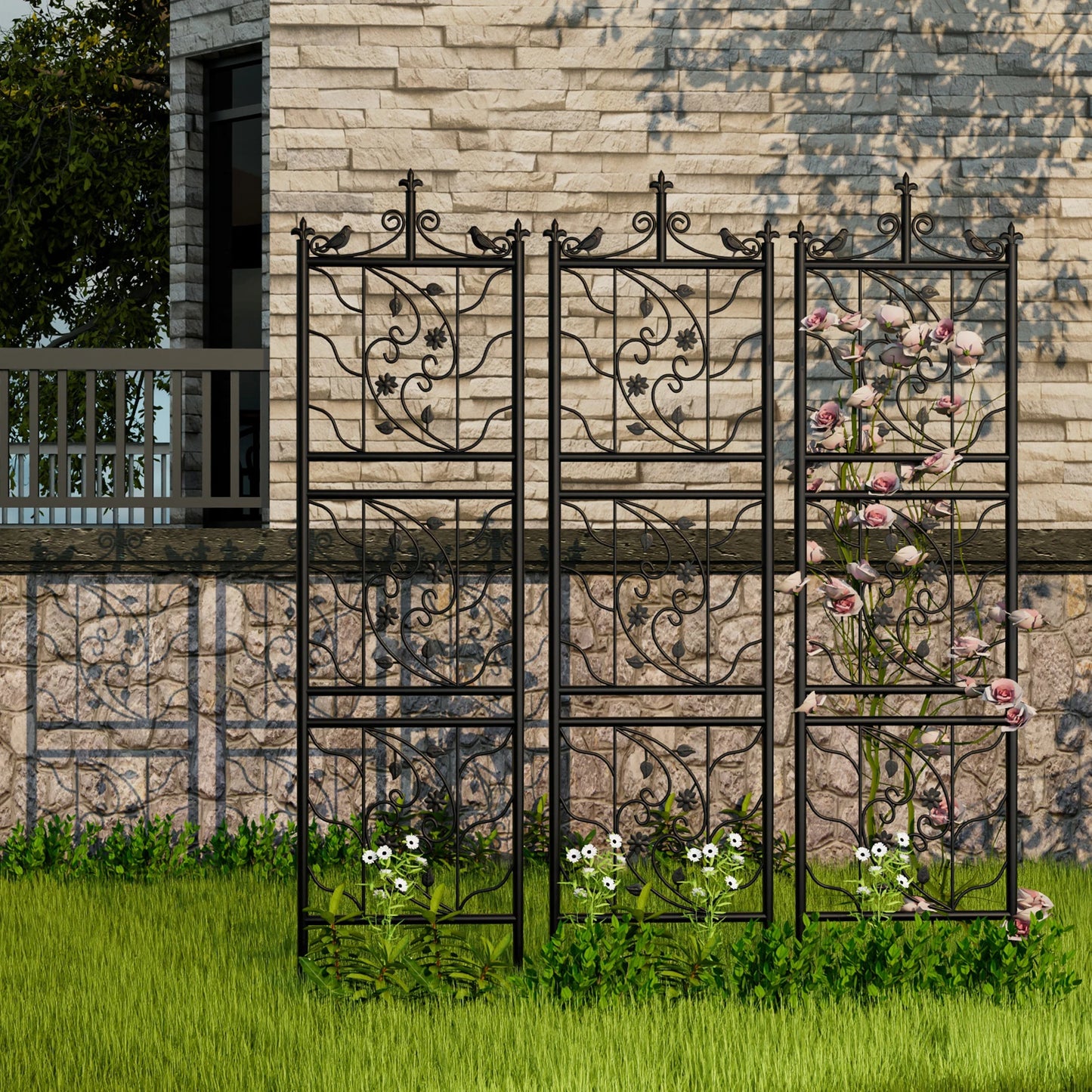 Thick Metal Garden Trellis Bird Leaf Grid Panel Fence Climbing Support Two Pack