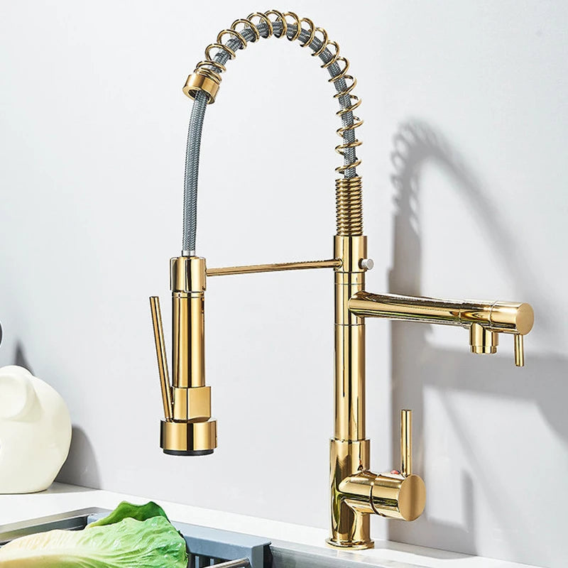 SHBSHAIMY Gold Pull Down Kitchen Faucet With Dual Swivel Spout Hot Cold Water