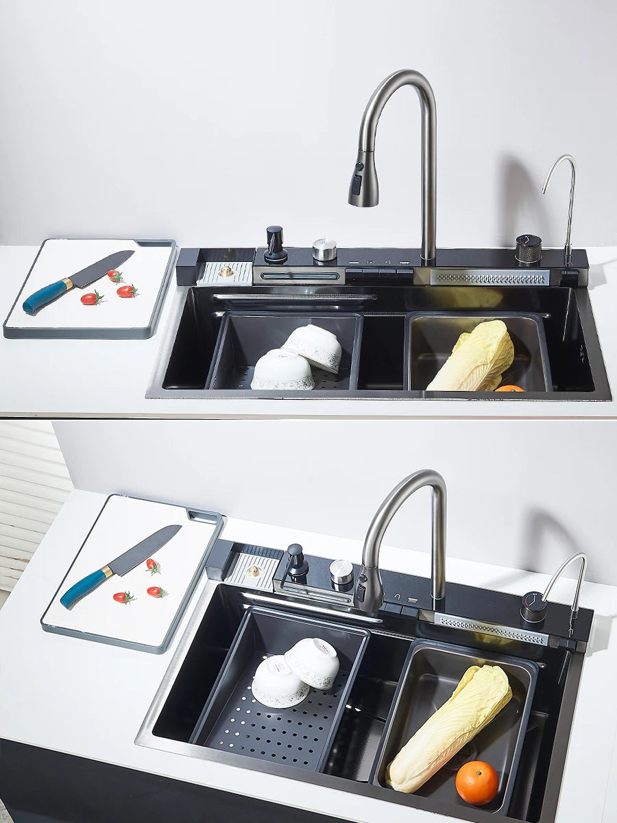 Quyanre 304 Stainless Steel Waterfall Kitchen Faucet Set With Digital Display
