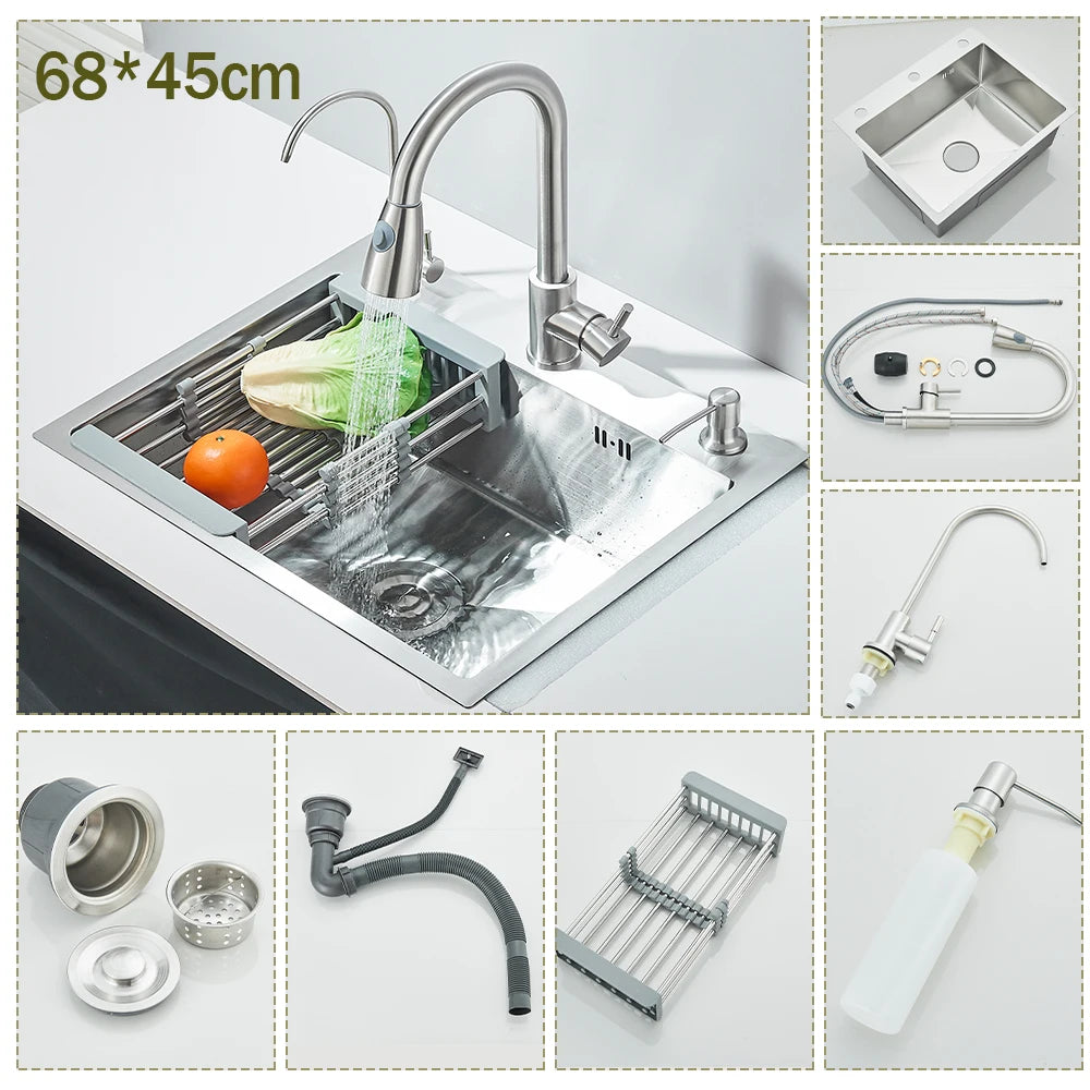 Stainless Steel Kitchen Sink With Integrated Faucet And Soap Dispenser