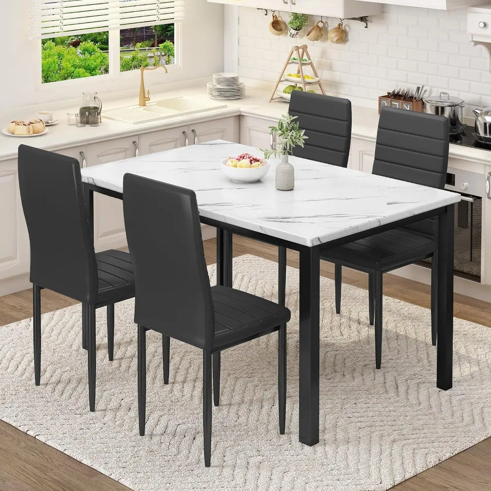 MKDK Five Piece Dining Table Set Faux Marble Upholstered Chairs