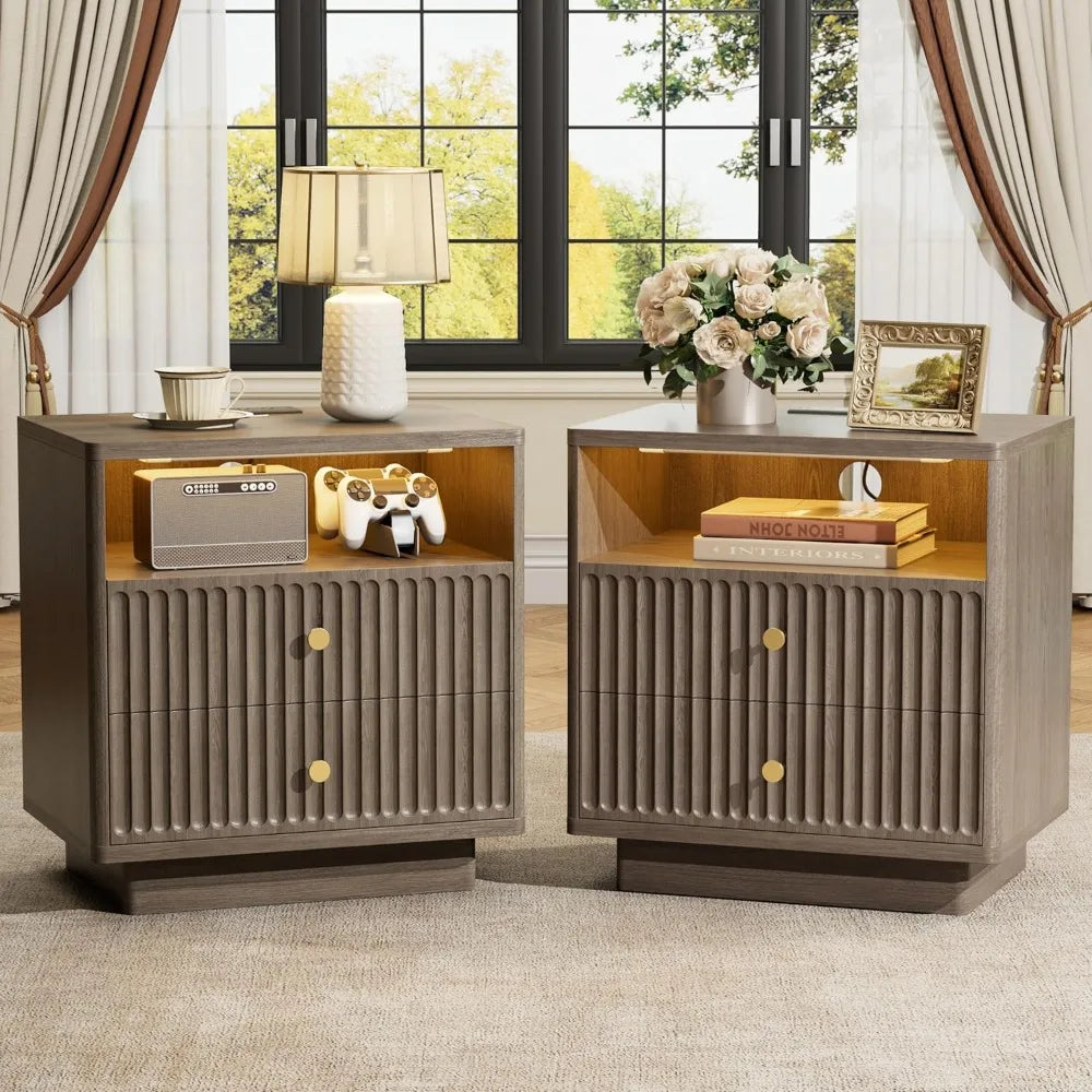 XIAOLANG Nightstand Set With Charging Station And Two Drawers