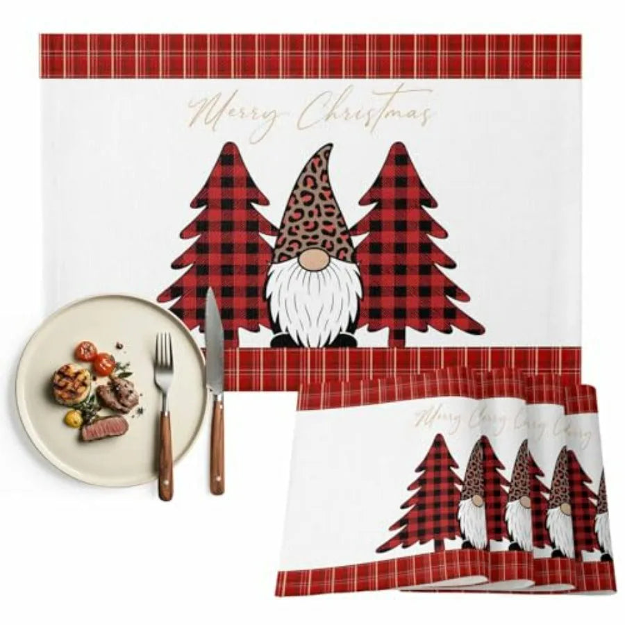Winter Christmas Tree Gnome Placemats Set Of Four Washable