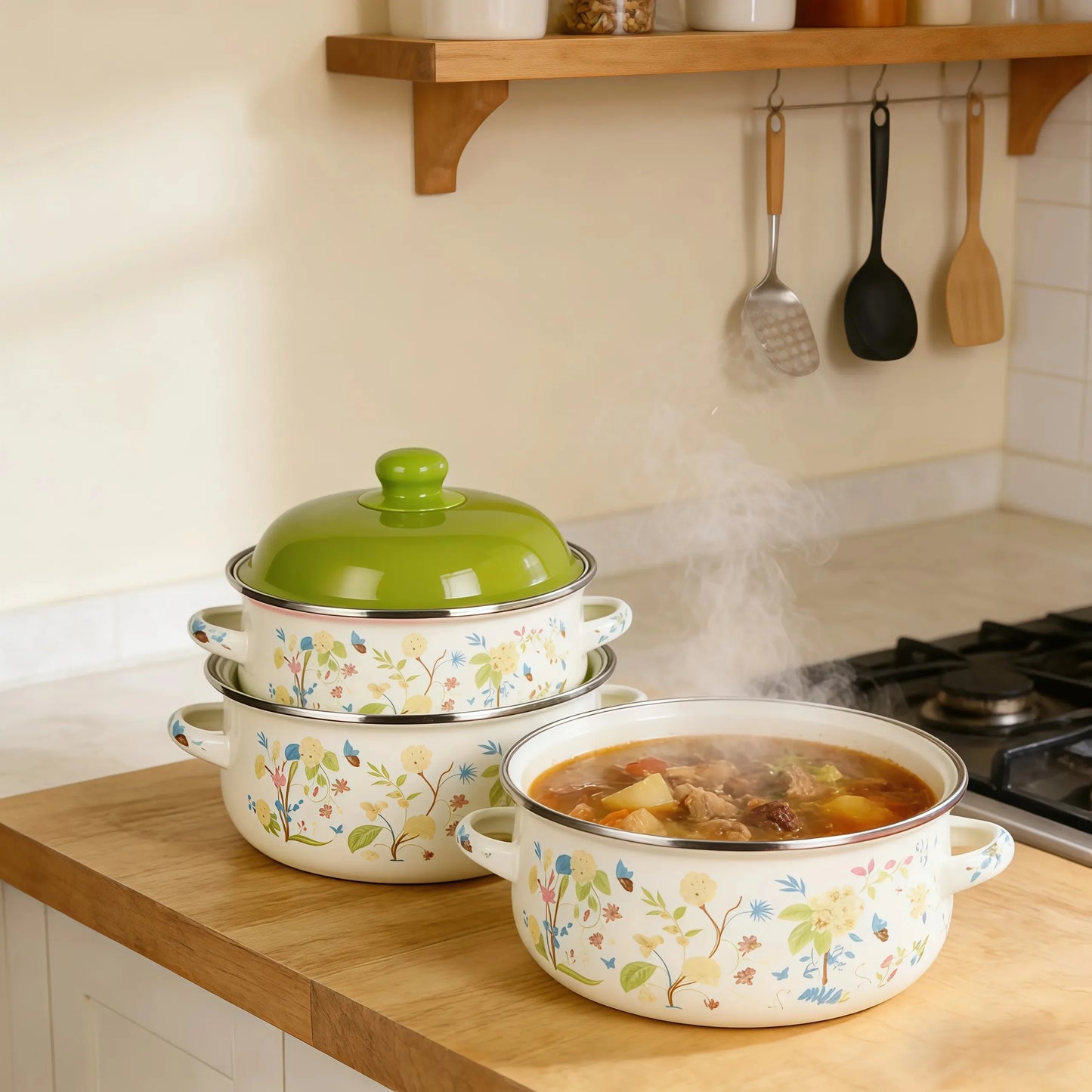 Vintage Enamel Stock Pot Set With Lids For Induction And Gas Stove