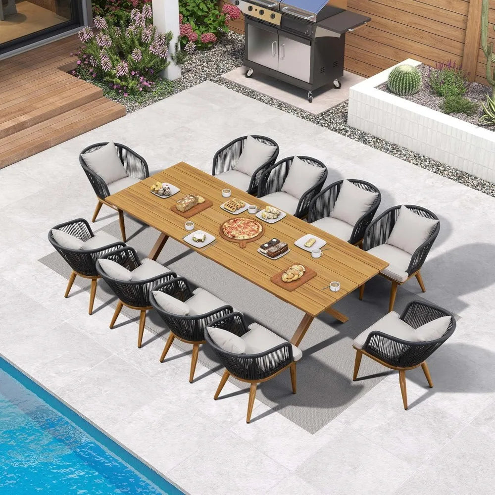 DAFIFY 11 Piece Patio Dining Set Teak Finish Aluminum Frame