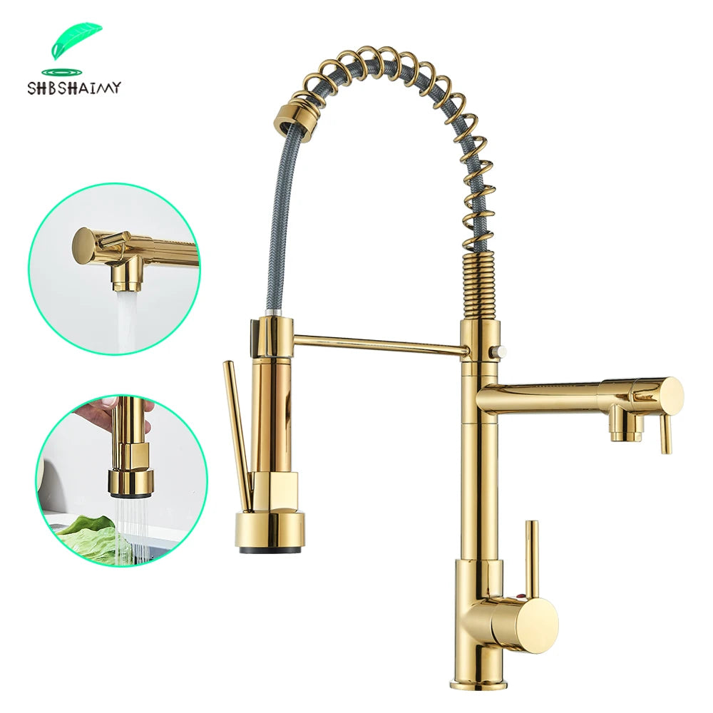 SHBSHAIMY Gold Pull Down Kitchen Faucet With Dual Swivel Spout Hot Cold Water