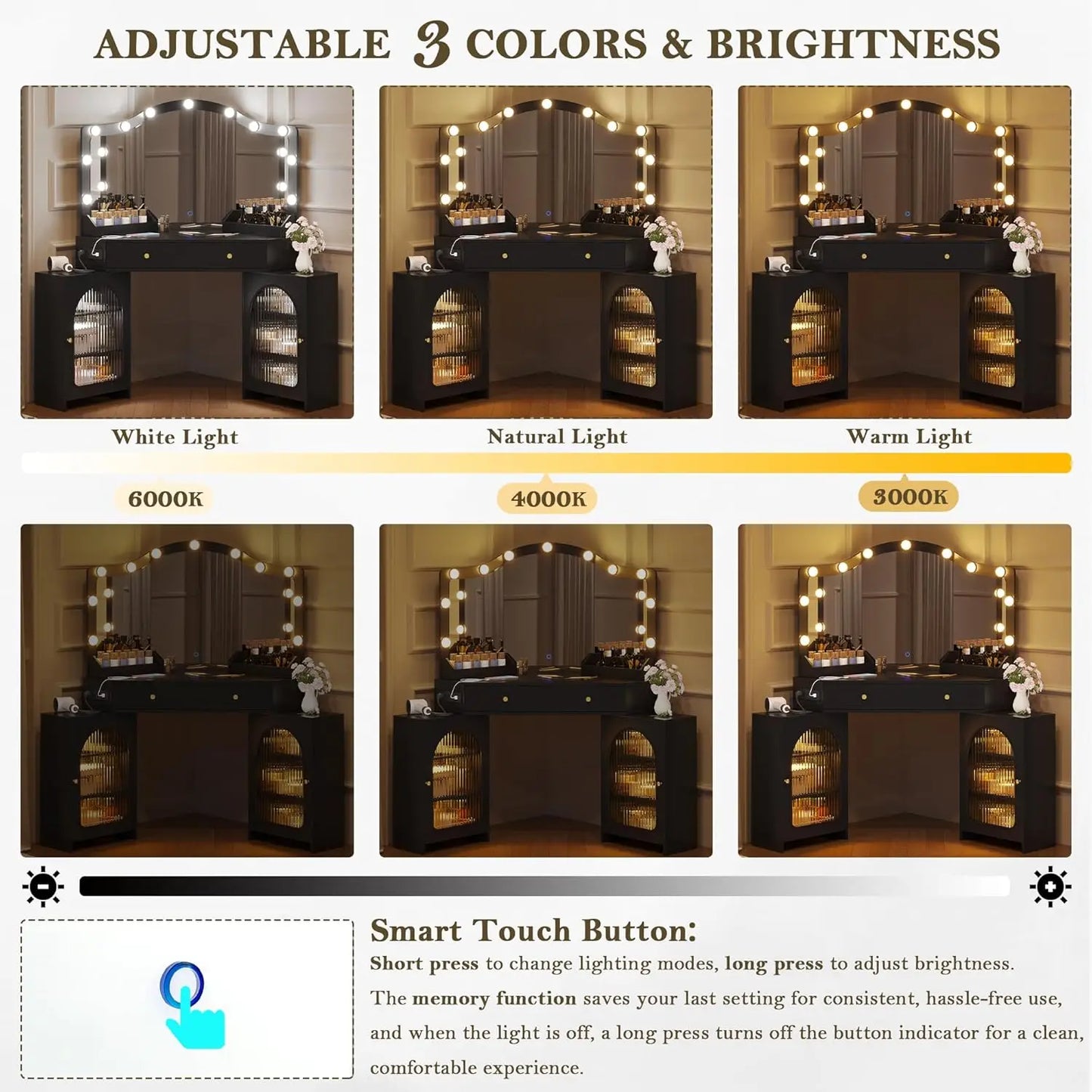 Chengwei Corner Vanity Desk 3 Way Mirror and Bulb Lights