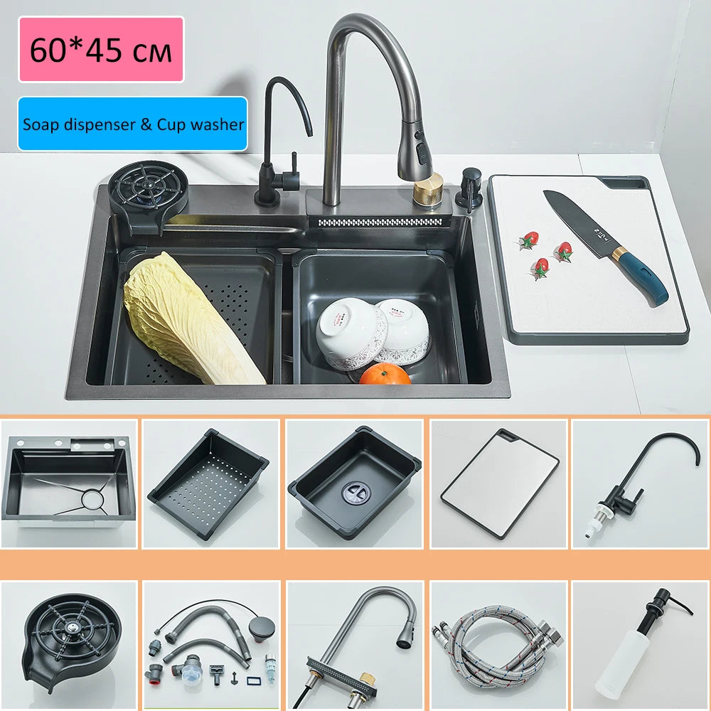 Quyanre 304 Stainless Steel Waterfall Kitchen Faucet With Soap Dispenser